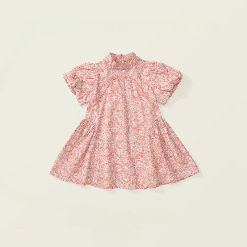 Girls Short Sleeve Cheongsam Spring and Summer New Children's Chinese Style Bubble Sleeve Pink Cheongsam Dress