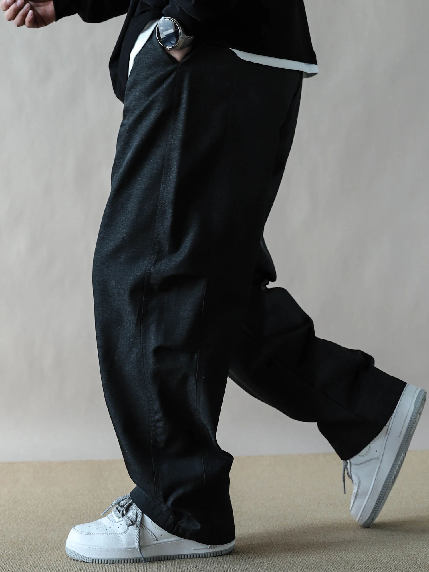 

High Quali Casual Loose Straight Leg Trousers for Men Spring Autumn Bla ey Versatile Workwear Sle Polyester Fiber