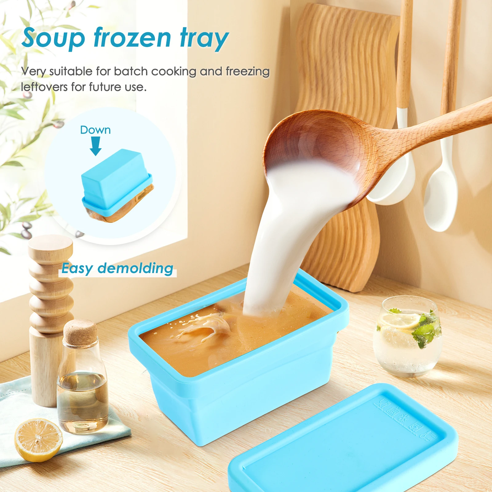 2Pcs Silicone Freezer Tray Food Grade Freezer Molds  with Lid Soup Freezer Mold Multipurpose Ice Cube Tray for Soup Broth Sauces