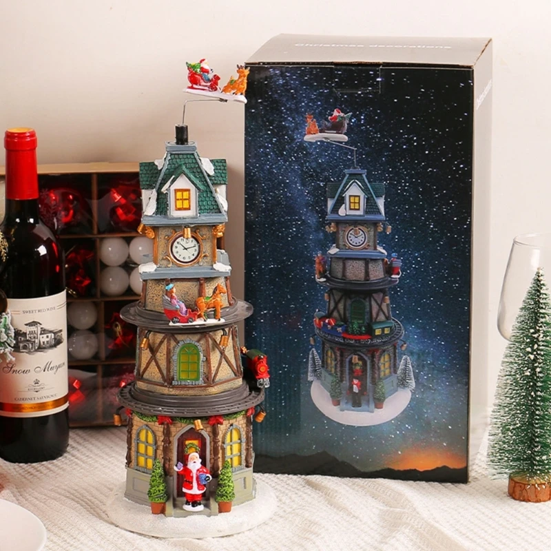 KX4B Unique Rotatable Music Box Village House Figurine with Led Light Music Decor Rotatable Birthday Holiday Party Present