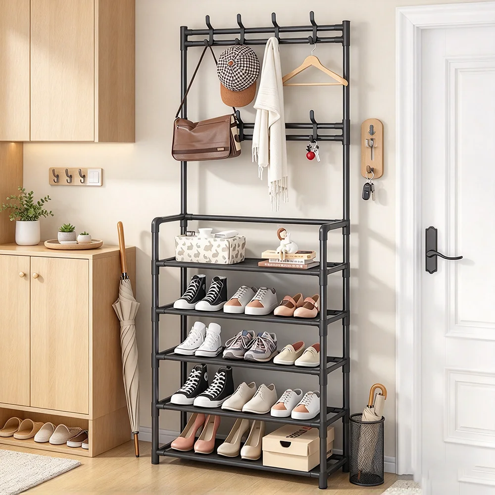 A Clothes Hanger and Shoe Rack at the Entrance, Used for Storing Shoes, Clothes, Jackets, Hats, Bags, Umbrellas in the Hallway