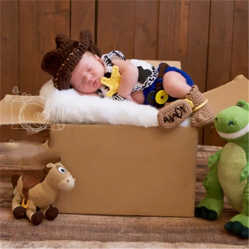 Newborn Photo Costume Knitting Cowboy Hat & Briefs Vest Bootie Photo Shooting Clothes Photo Props Crochet Cowboy Outfit