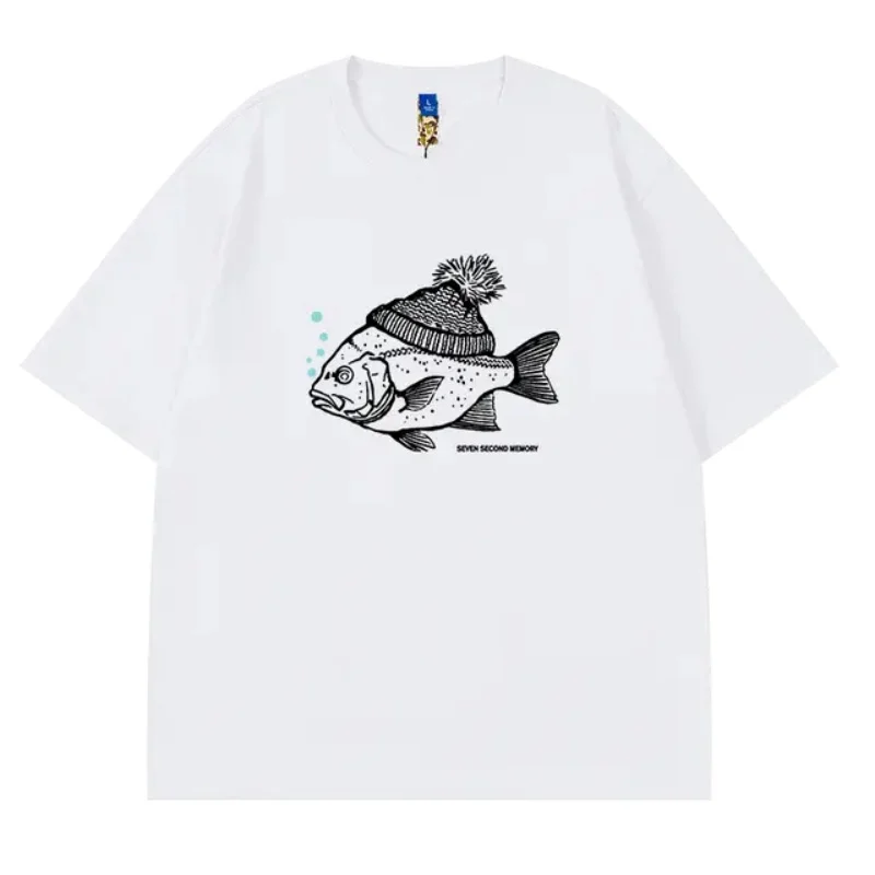 ZAZOMDE Retro Deep Sea Fish Flocked Print Cotton T-shirt Animal Pattern Round Neck Short-sleeved Tops For Men\'s Summer Tee