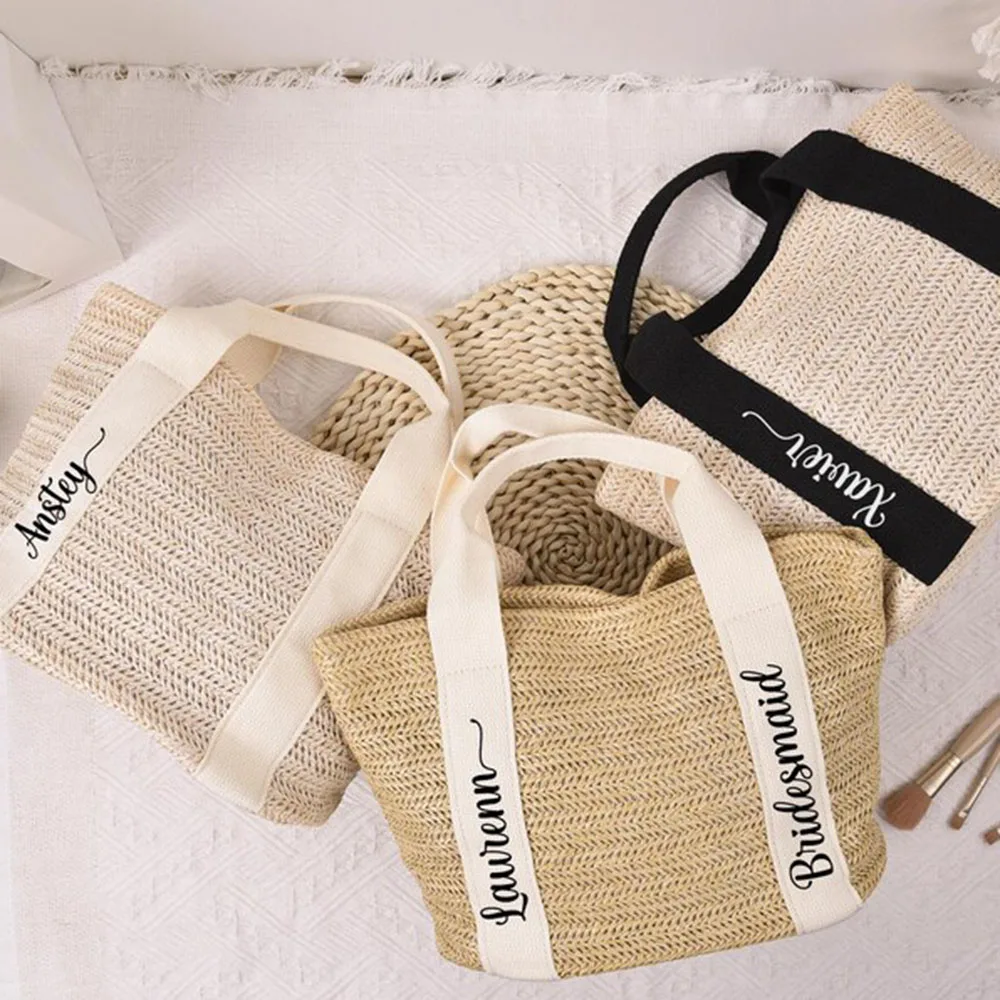 Custom Text Straw Woven Tote Bag Personalized Bridesmaid Gifts Bachelorette Party Favors Bridal Shower Bag Burlap Beach Bag