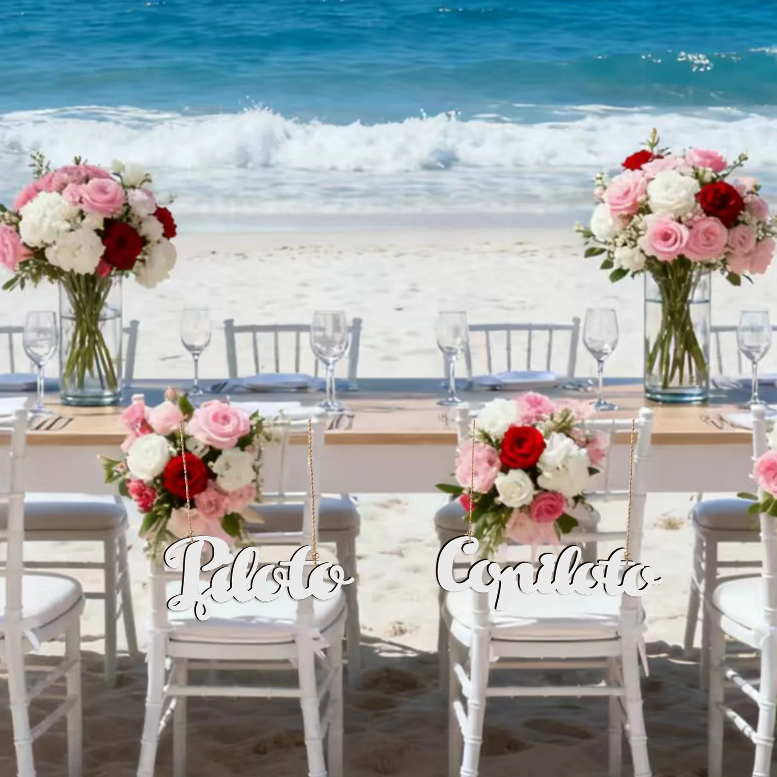 Piloto & Copiloto Wedding Chair Signs - Laser Cut White Wooden 0.4cm Thick, Travel Theme Chair Back Decor for Beach Wedding
