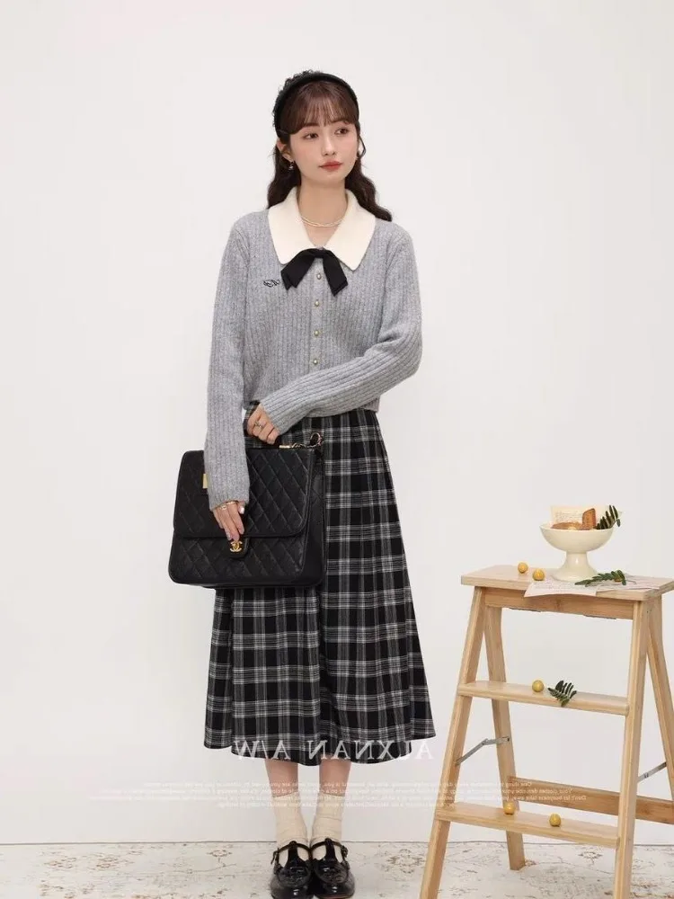 Elegant Preppy Style Women Sweaters Sweet Coquette Korean Style Bow Knitted Cardigan Cropped Casual Old Money Knitwear