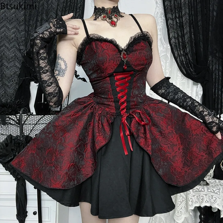 Dunkles Gothic-Korsett-Minikleid für Damen, rote Rose, Jacquard-Spitze, Patchwork, Spaghettiträger, Halloween-Cosplay-Party-Clubwear-Outfit