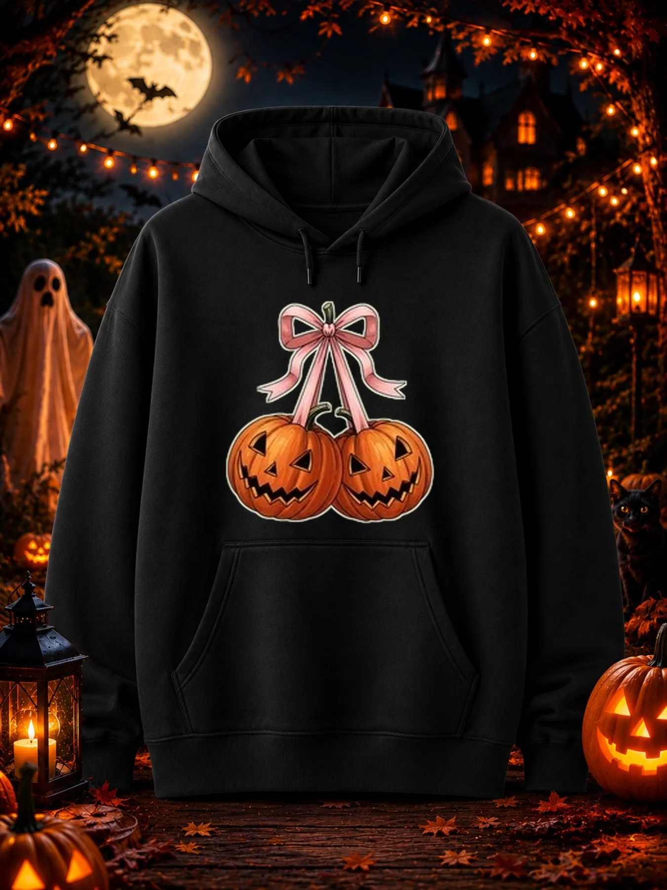 Men's Graphic Hoodie, Seductive Style Artwork Featuring Two Smiling Pumpkin Lanterns Tied Together by a Giant Halloween Special Edition Vintage Street-Style Sweatshirt, Trendy Casual Autumn Clothing