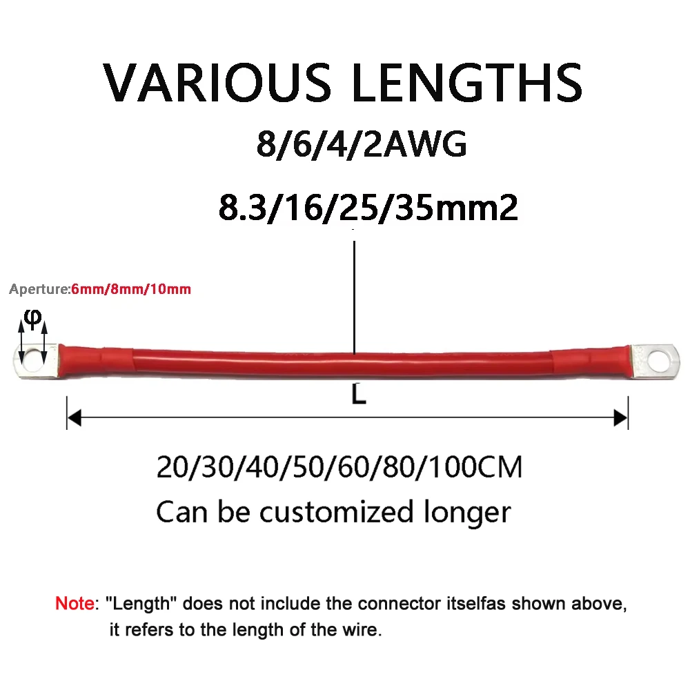 8AWG 6AWG 4AWG 0AWG Car Battery Cable Silicone wire With Lug Ring M6 M8 M10 Terminal cable Black Red wire  For Inverter Battery