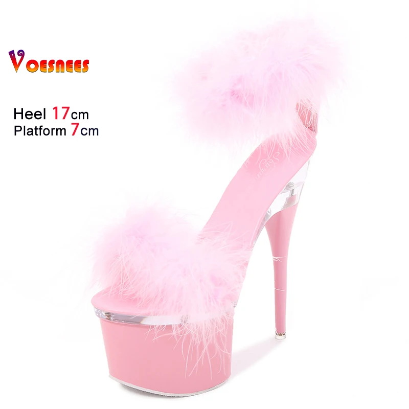 

17CM Super High Heels For Ladies Club Nightclub Summer Fur Sandals Fashion Platform Buckle Strap Fetish Shoes Women Plus Size 43