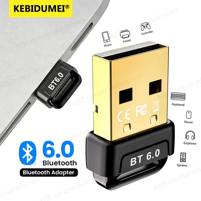 

USB-адаптер KEBIDUMEI Bluetooth 6.0, Bluetooth-адаптер 5.4 для ПК с Windows 11/10/8.1, приемник-передатчик для клавиатуры и мыши