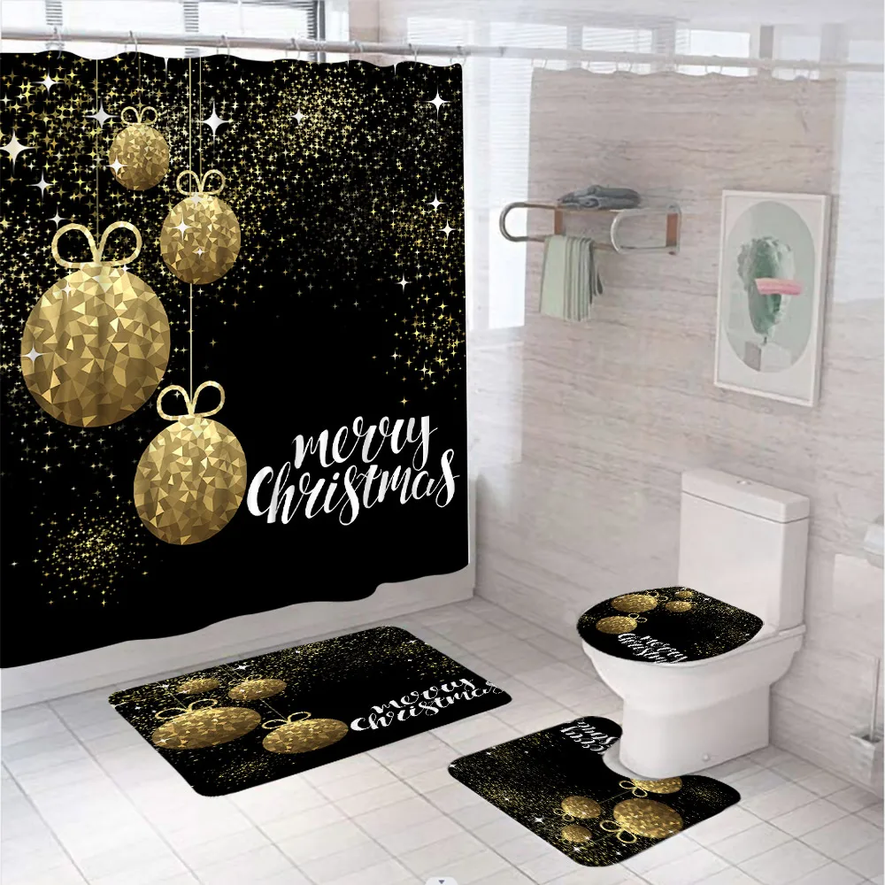 

Gold Christmas Balls Bathroom Set Shower Curtain Rug Accessories Shining Star Black Xmas Party Screen Bath Mat Toilet Lid Cover