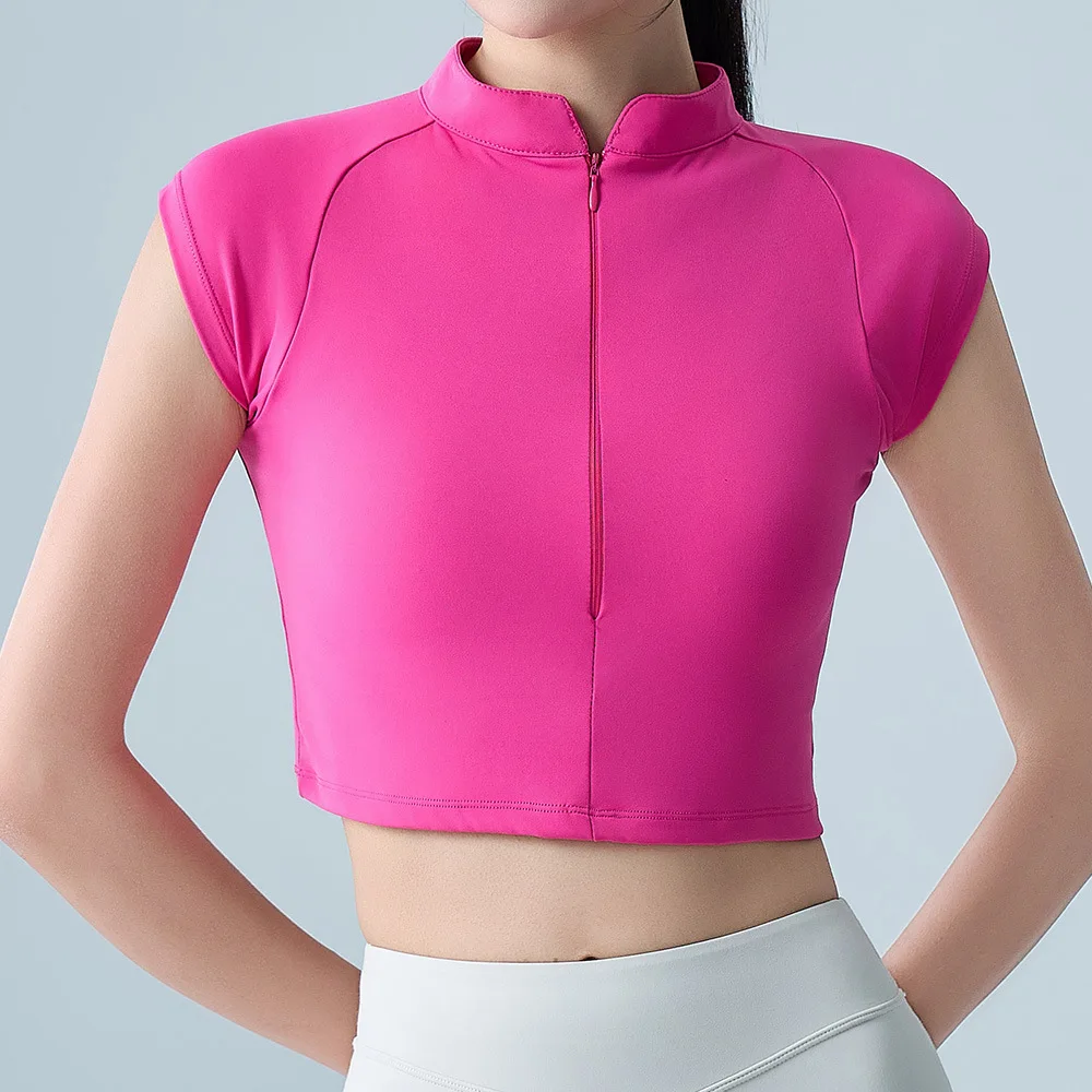 

Женский топ для фитнеса и йоги, летний укороченный топ с короткими рукавами для спортзала, облегающая рубашка на молнии для тренировок, женская дышащая спортивная одежда