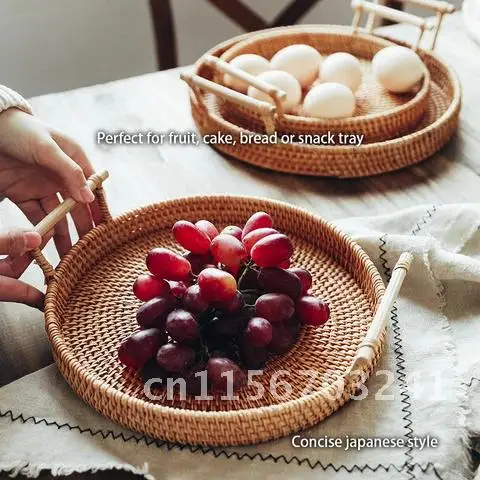 Handle Wooden Round Wicker Basket Handwoven Rattan Storage Tray With Bread Food Plate Fruit Cake Platter Dinner Serving Tray