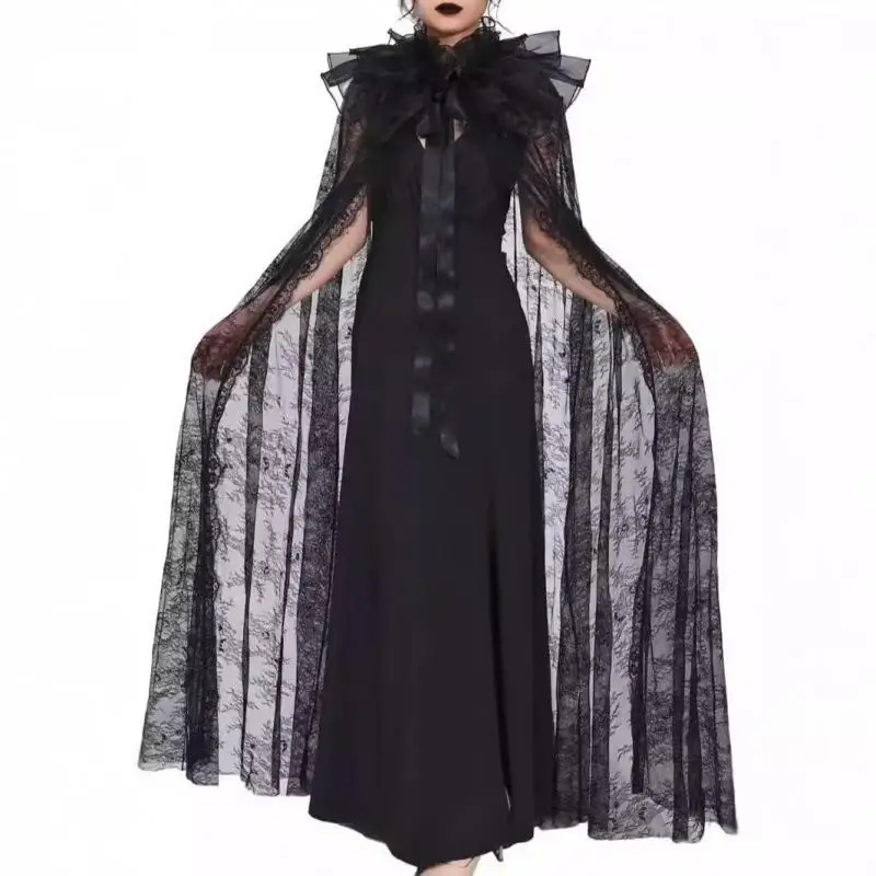 

Хэллоуин Godd Кружевной плащ Вышитая кружевная ткань Bla Цветочный узор Воротник Кружевной дизайн Женская мода Весна Лето