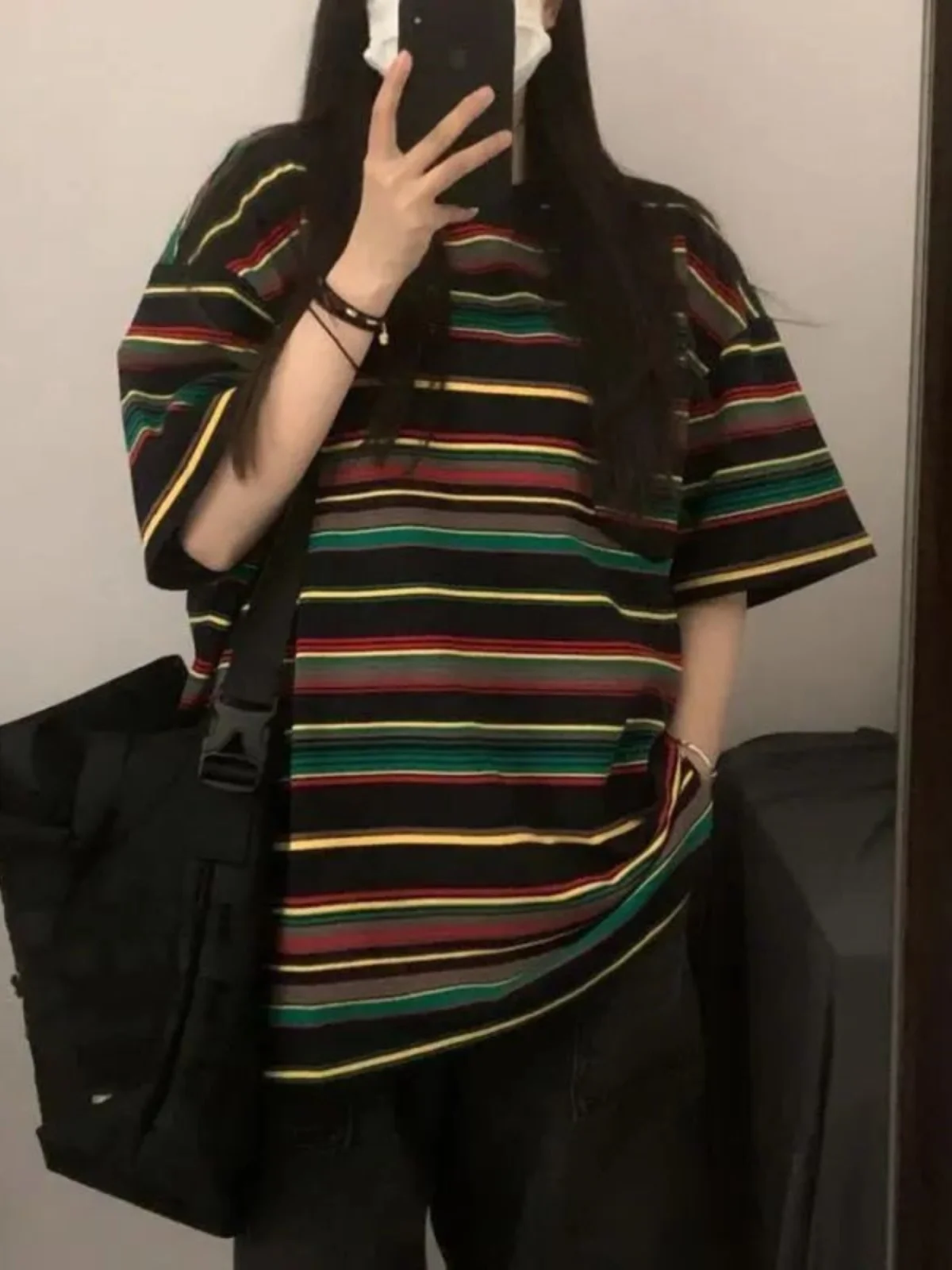 Summer plus Size Retro Hong Kong Style Women's T-Shirt Loose Striped Half Sleeve Trendy Casual Comfortable Korean Style Top