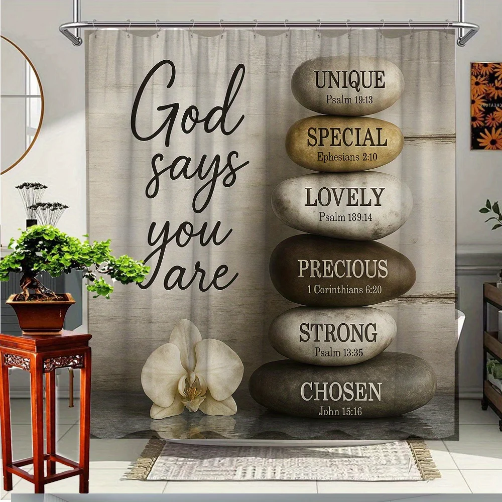 

1pc a Motivational Quotes Shower Curtain Featuring a Design with Spiritual Stones, Made of Polyester Fabric, Comes with 12 Hooks