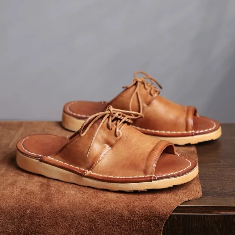 

Handmade Cow Leather Vintage Slippers Summer Comfortable Breathable Outdoor Men Slippers Zapatos Hombre Designer Slides