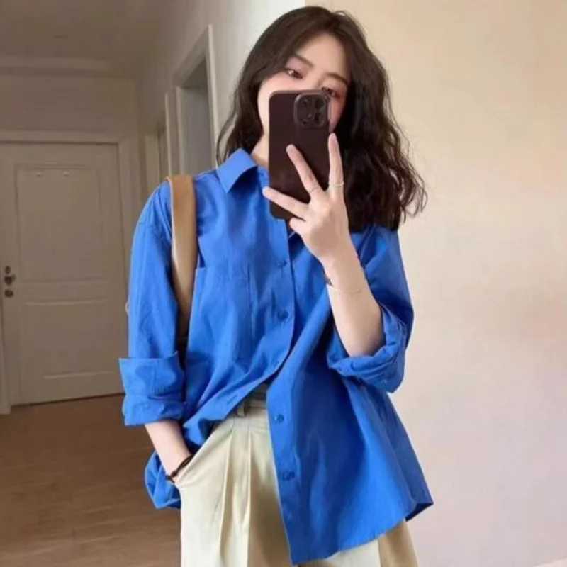 

Fashion Commute Blouse Cotton Blend for Women's Work Blouse Spring Summer 2026 Blue Casual Oversized Solid Color Long Sleeve Top