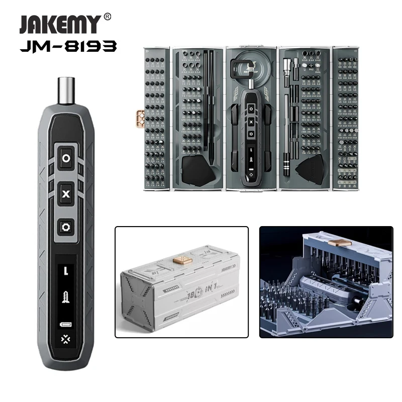 Jakemy-conjunto de Chave de Fenda Elétrica Jm8193 180 em Mini Caixa de Ferramentas Smart Led Parafuso Retangular Ferramentas de Reparo Profissional