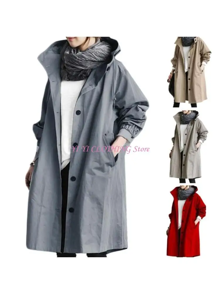N5KF Womens Long Single-Breasted Fall Fashion Hooded Overcoat Outerwear Windproof Overcoat Streetwear