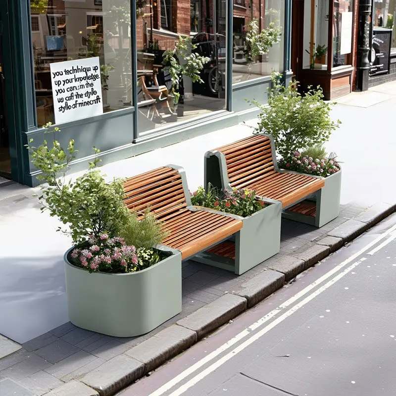 HYS garden planter seat combination - wrought iron flower box for sidewalk seating areas