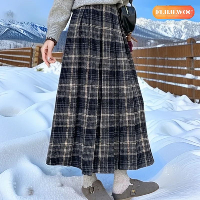 

Hot Sales Woolen Skirts New Fashion 2026 Spring Winter Woman Cute Sweet Girls Japan Preppy Style Retro Vintage Long Plaid Skirt
