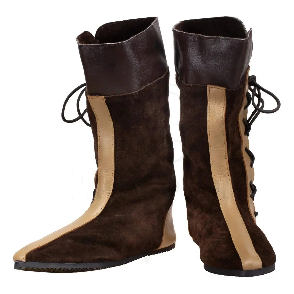 Botas de cuña de media caña para hombre, de gamuza bicolor, con panel de cuero beige en contraste, cierre con cordones laterales, punta puntiaguda, calzado occidental vintage