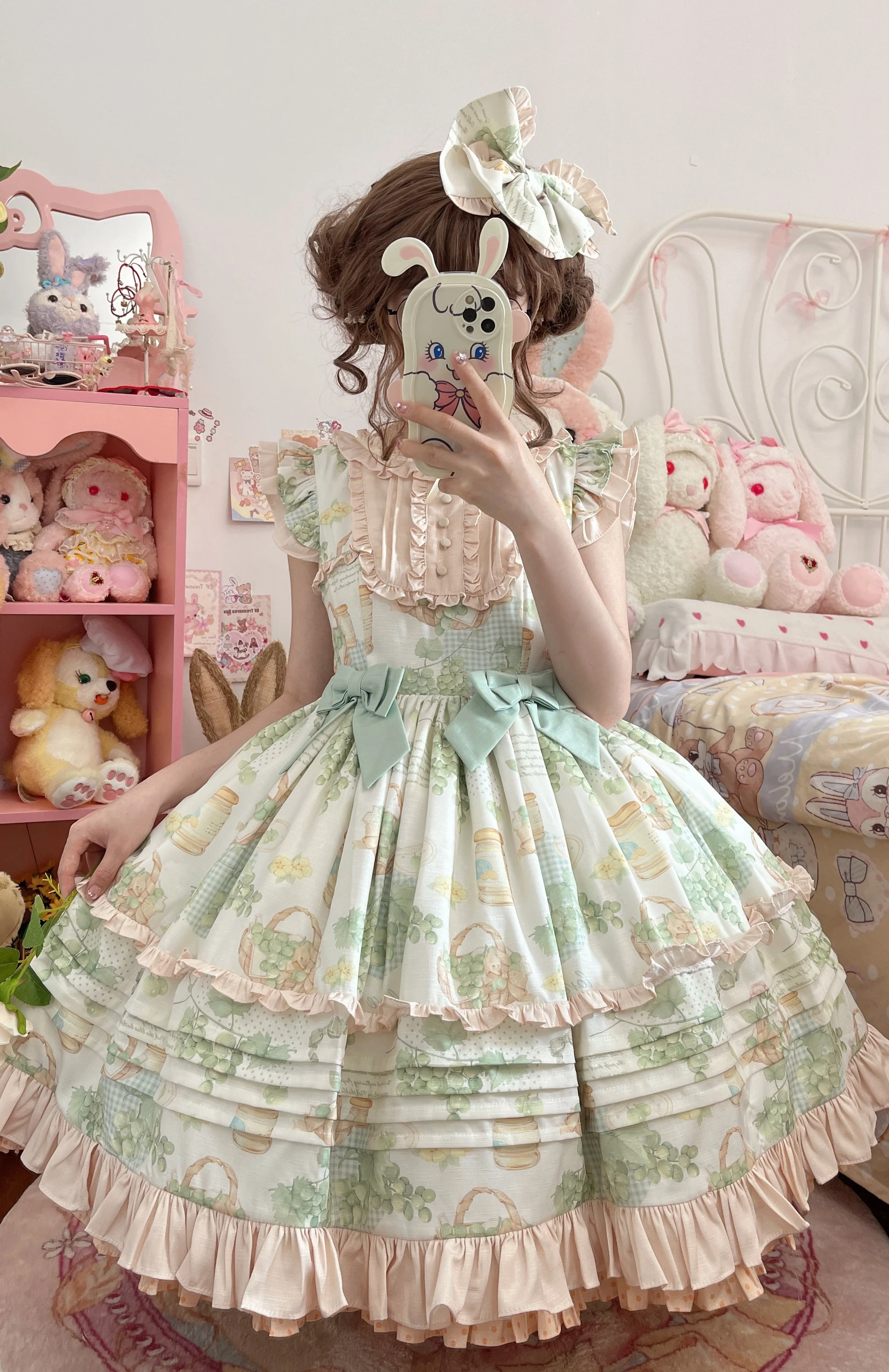 

Japanese Kawaii Lolita Jsk Dress Women Victorian Retro Ruffle Grape Print Bandage Bow Trailing Princess Dresses Party Mini Dress