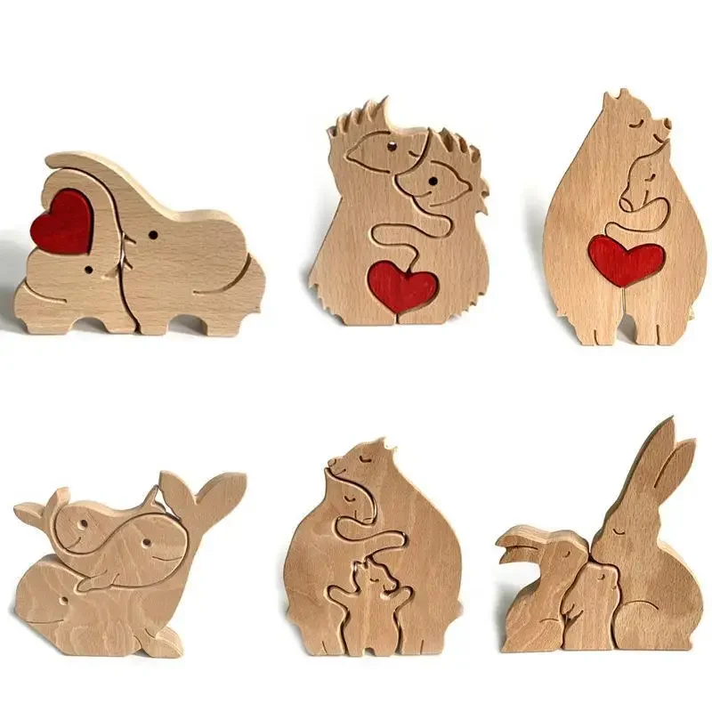 

Animal In Love Ornament Wooden Desktop Decor Gift for Lover Family Elephants/Hedgehogs/Bears Holding Each Other Home Decoration