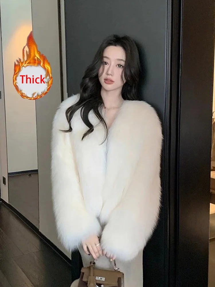 Elegancki płaszcz zimowy z imitacji futra damski długi rękaw dopasowany gruby ciepły kurtka koreańska moda dekolt w serek jednolity kolor imitacja futra lisa odzież wierzchnia