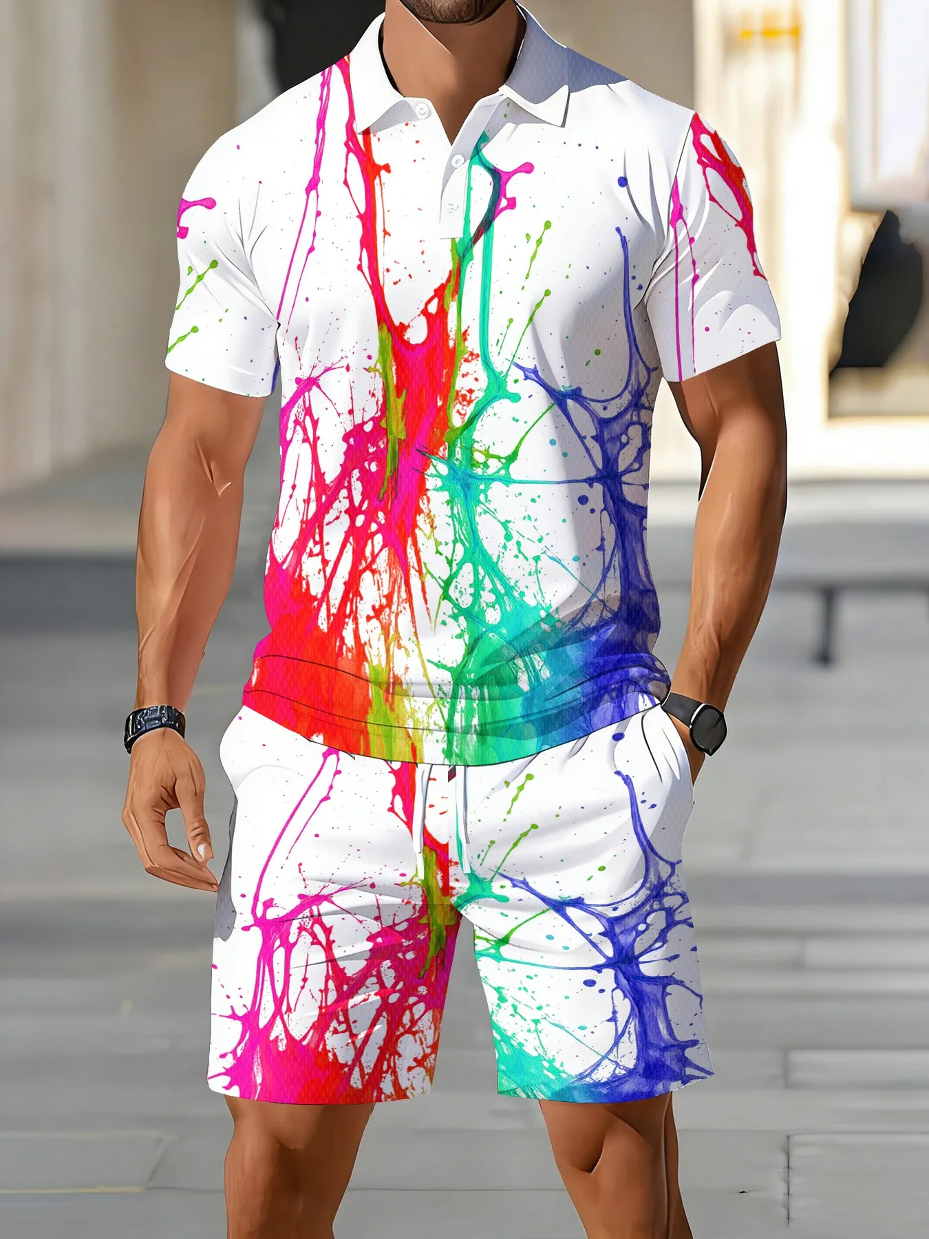 2026 Summer American Men's Short-Sleeved Polo Shirt Set - Casual Fashionable Comfortable with 3D Graffiti Pattern Print - view 3