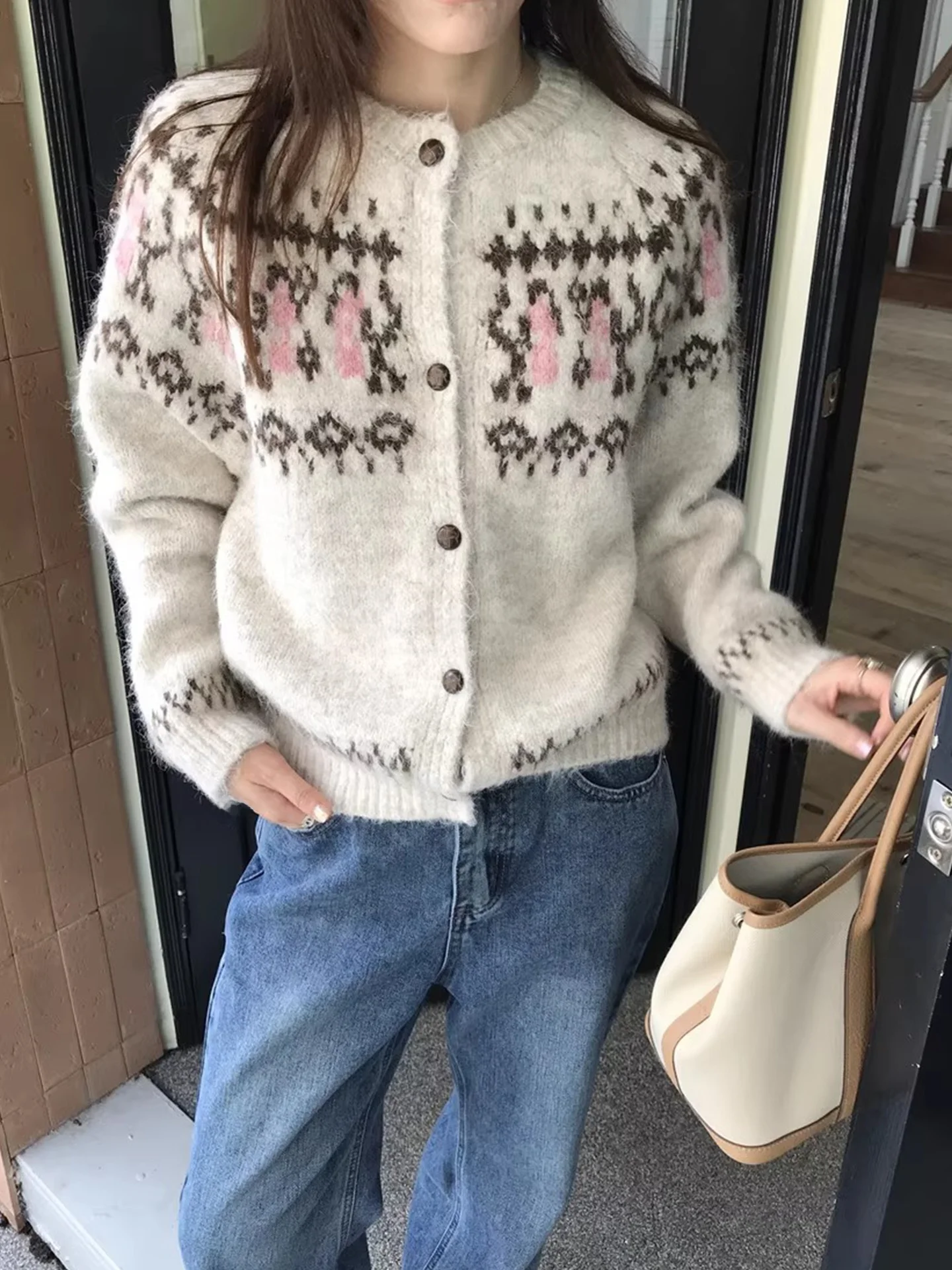 

Soft Cozy Fair Isle Knit Sweater Coat Women's Winter New Sle Color Blo Versatile Long Sve round Ne Button up Cardigan