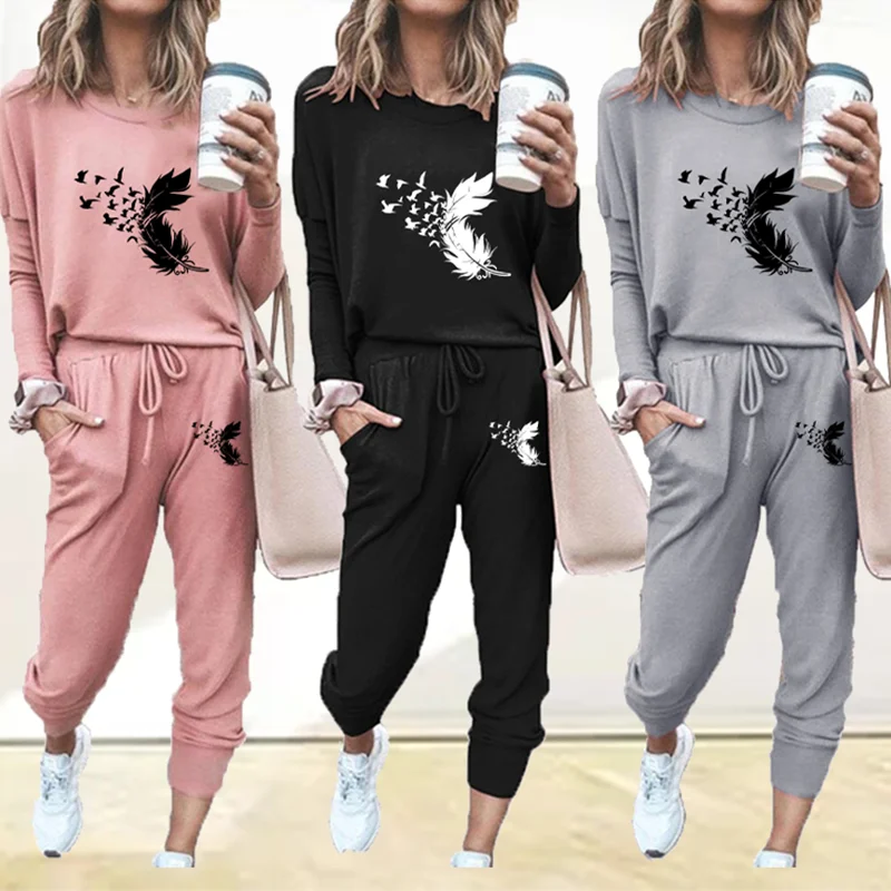 Newest Trending Women Feather Print Tracksuit Fashion Sportswear 2pcs Outfits Womens Top+Pants Jogging Suit