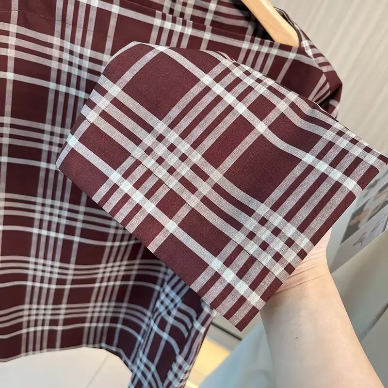 Maxdutti French Country Style Red Plaid Shirt Japanese Minimalist Loose Shirt Summer Checked Blouse Tops For Women