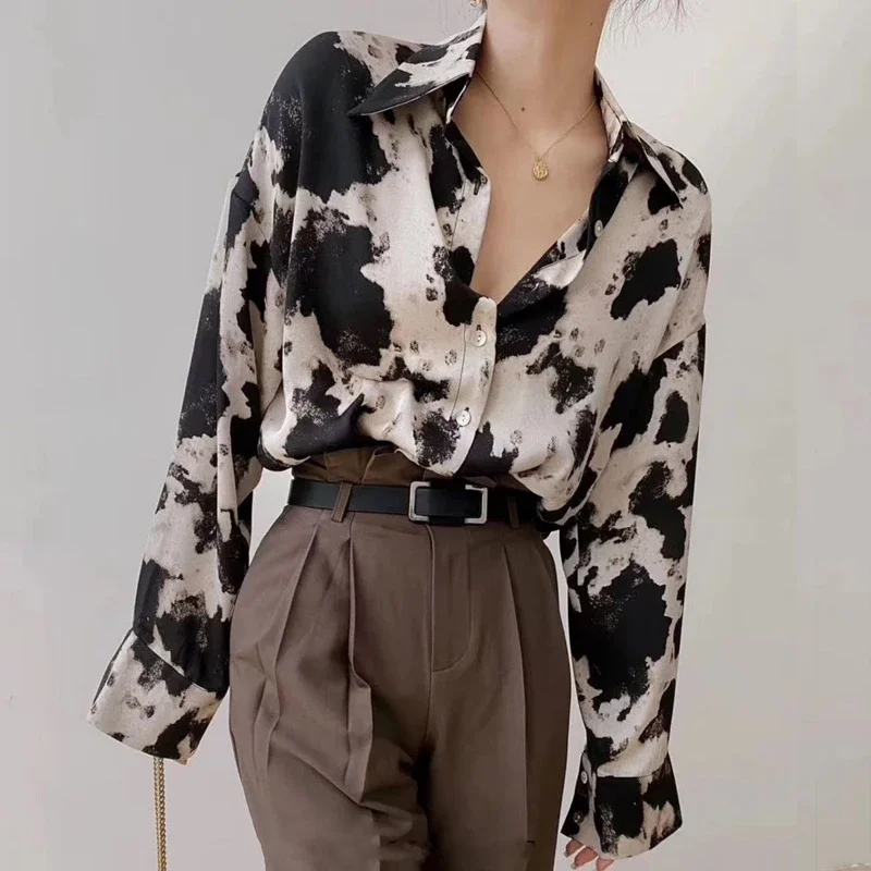 Spring Cow Print Button Up Shirts Women Long Sleeve Blouse Korean Fashion Women Loose Clothes Chiffon Shirt Streetwear Tops New