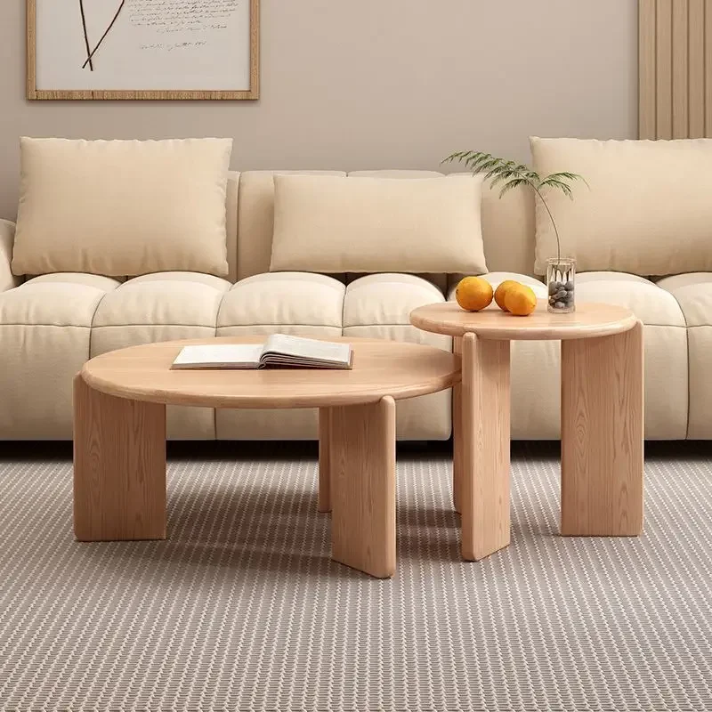 oak Small household combination log round coffee table with solid wood living room and rock board coffee table