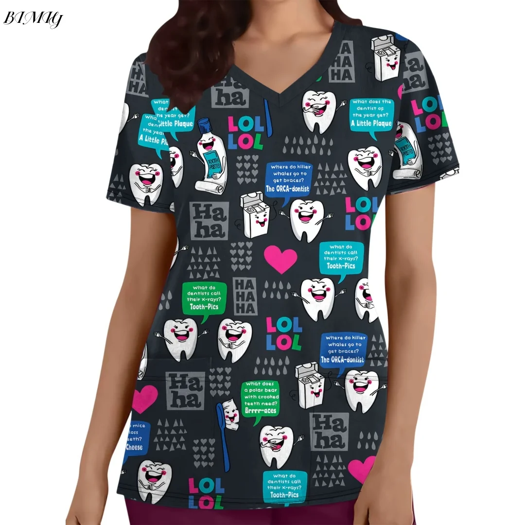 Uniforme de asistente dental para mujer, camiseta de manga corta con cuello en V y estampado 3D de dientes de dibujos animados con bolsillos funcionales, ropa de trabajo de verano