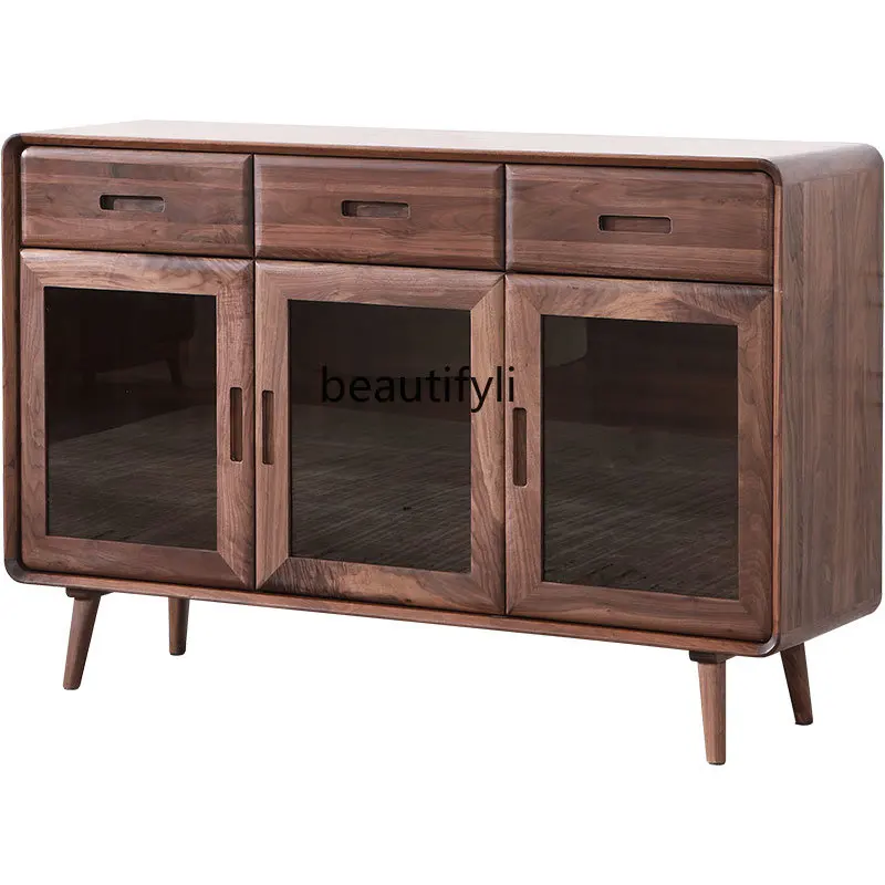 Black Walnut Wood Sideboard Cabinet Wine Cabinet Integrated Nordic Solid Wood Living Room Wall Dining Room Tea Cabinet Cupboard