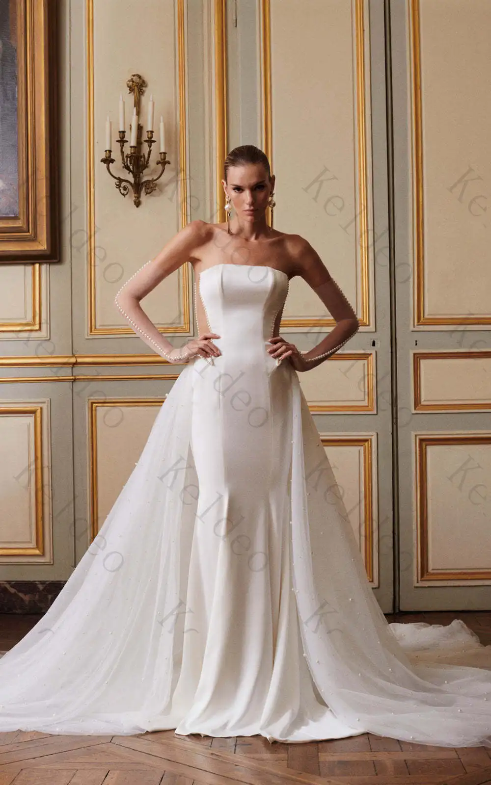 Customized Strapless Mermaid Wedding Dresses Elegant Detachable Pearl Tulle Overlay Open Back Floor Length Bridal Gowns for 2026