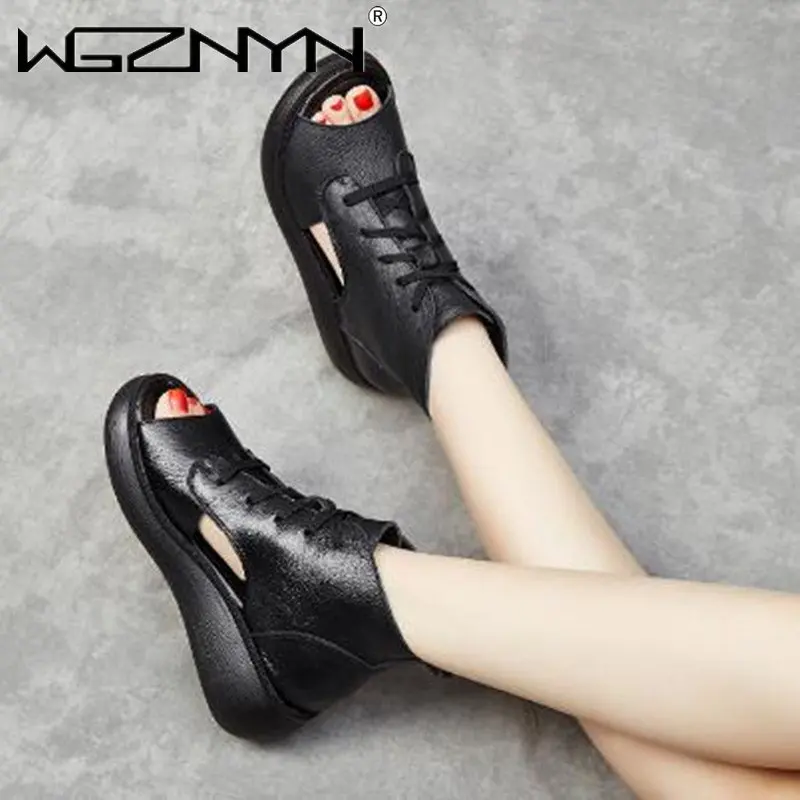 2023 NEW Summer National Style Retro Sandals Thick High Heels Peep Toe Genuine Leather Women Roman Sandals Ladies Short Boots