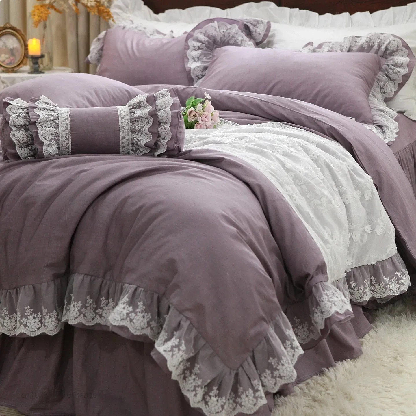 Monet Purple Mist French Korean Princess Lace Heavy Cotton Bed Skirt 4Pcs Set