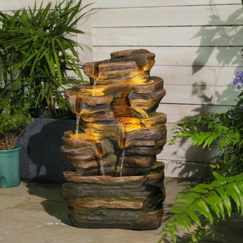 

24.2 H 6-Tier Outdoor Water Fountain, Features Rock Garden Waterfall Fountains with Warm Lights, Floor-Standing for Patio