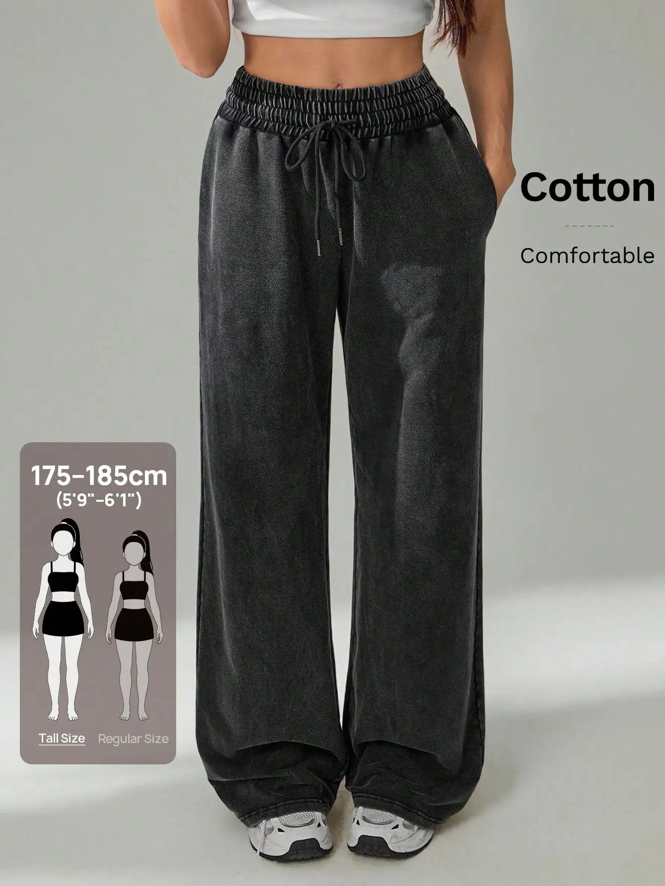 Grey Plain Stretch Knit Pants, Drawstring Pocket Relaxed Fit, Summer Casual Gym Everyday Tall Women