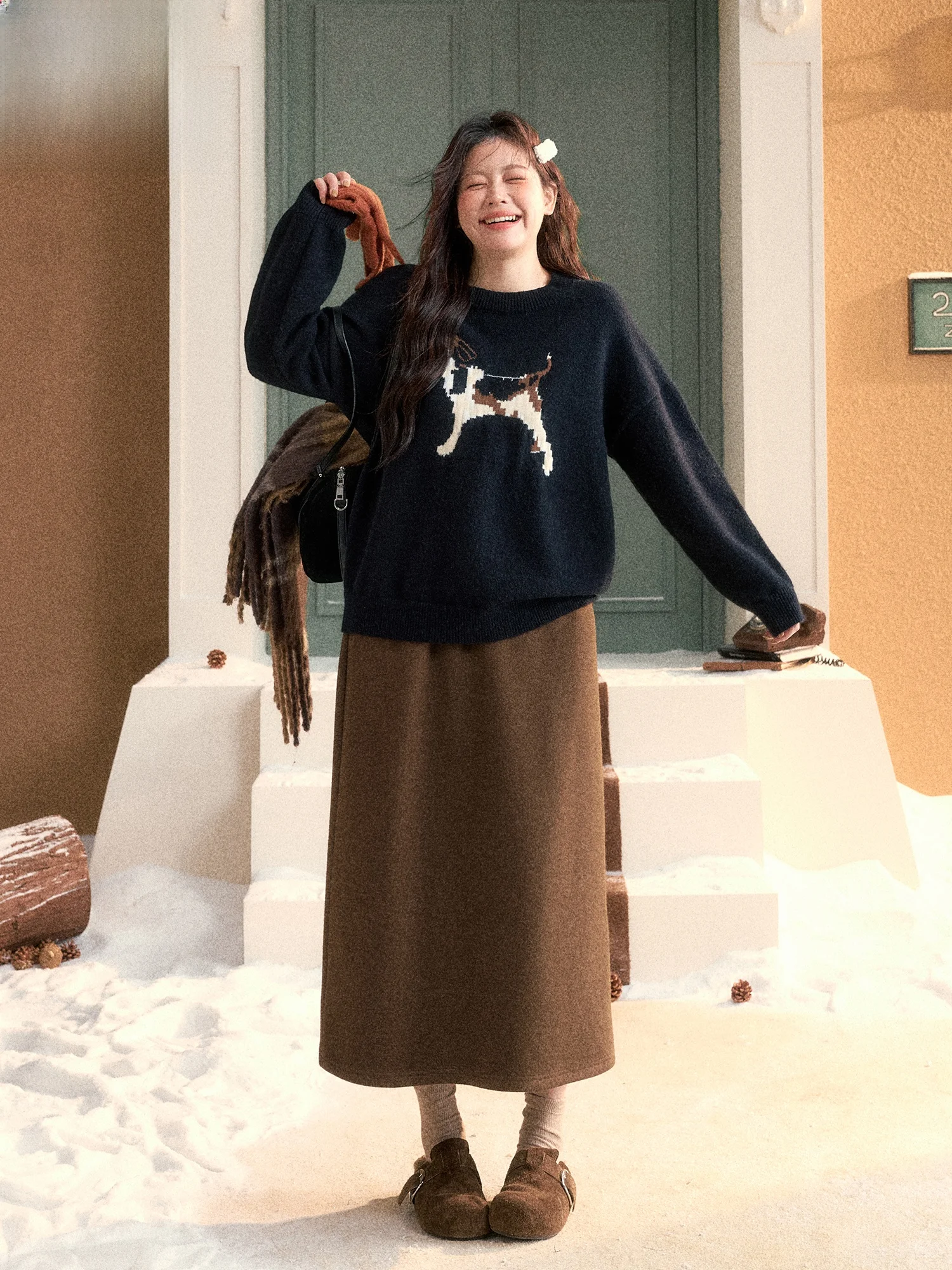 

plus Size Winter Outfit Korean Sle Bla Sweater with Dog Embroidery And High Waist A-Line Skirt for Plump Women