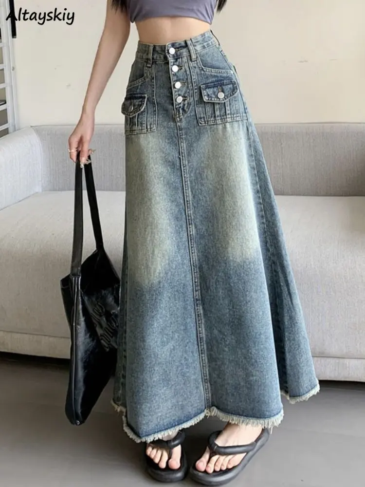 

Denim Skirts Women Vintage High Waist Hotsweet Female Spring Summer New Korean Chic Tassel Simple All-match Ankle Length Design