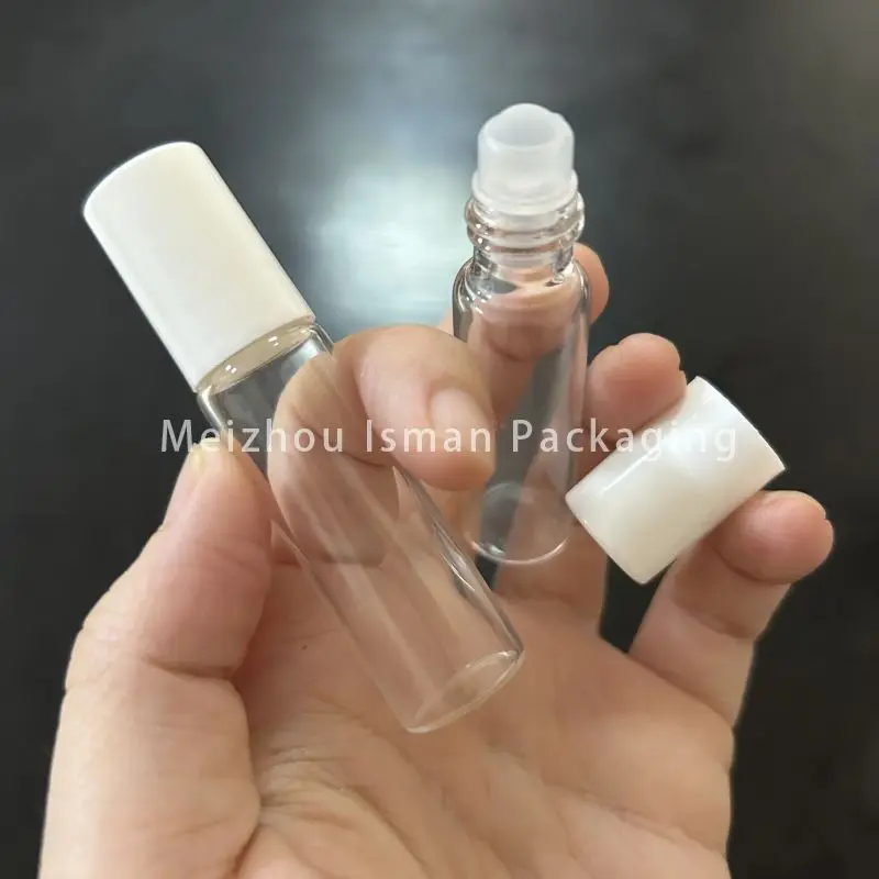 

50Pcs new empty luxury round glass clear white perfume roller lip gloss container refillable lip oil tube packaging 5ml