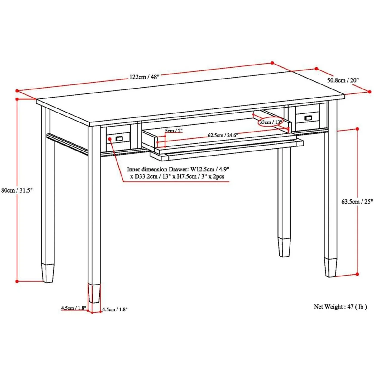 Warme Shaker Massief Hout Rustiek Modern 48 Inch Breed Bureau Voor Thuiskantoor, Schrijftafel, Studeertafelmeubilair In Lichtgoud