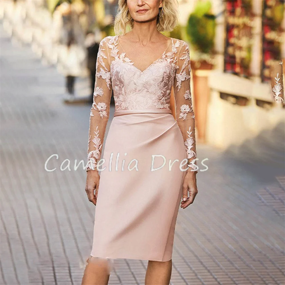 Elegant V Neck Mother Of The Bride Dress Sheath Long Sleeves Appliques Illusion Formal Dresses Vestidos Mae Da Noiva Casamentos