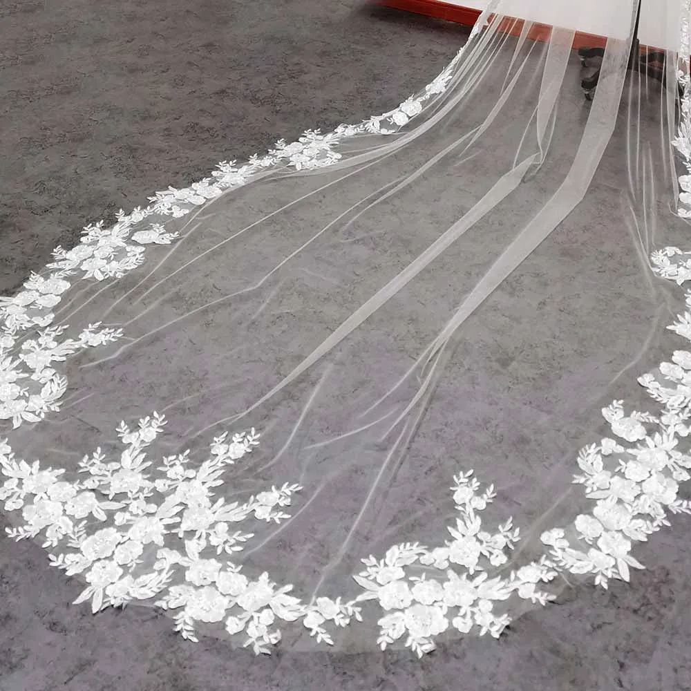 Real Photos Wedding Veil with Bling Sequins Lace Appliques 3M Long 1.5M Wide One Layer Bridal Veil with Comb Wedding Accessories